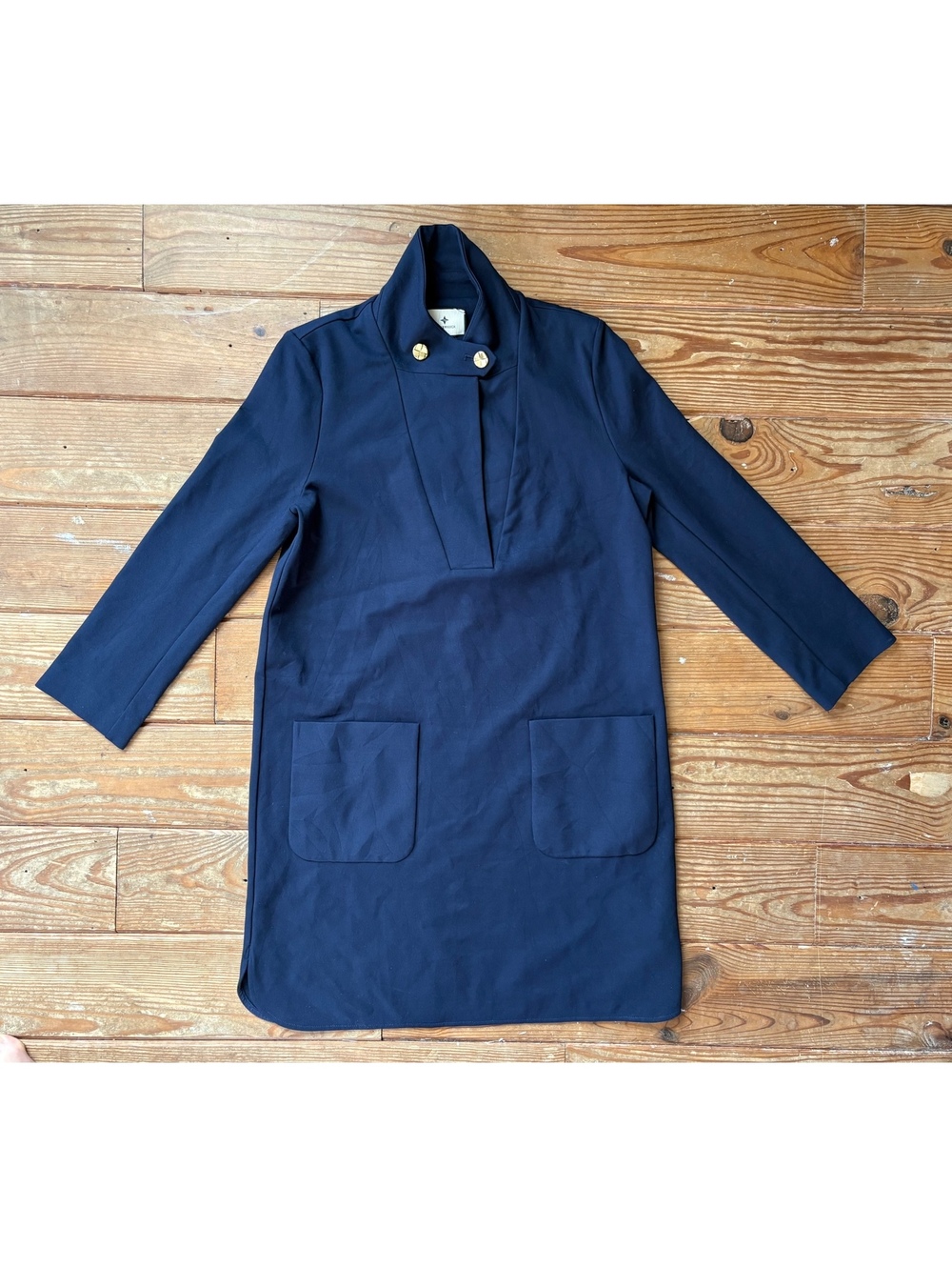 Tuckernuck Navy Ponte Shift Dress Gold Button Stand Collar Size Small